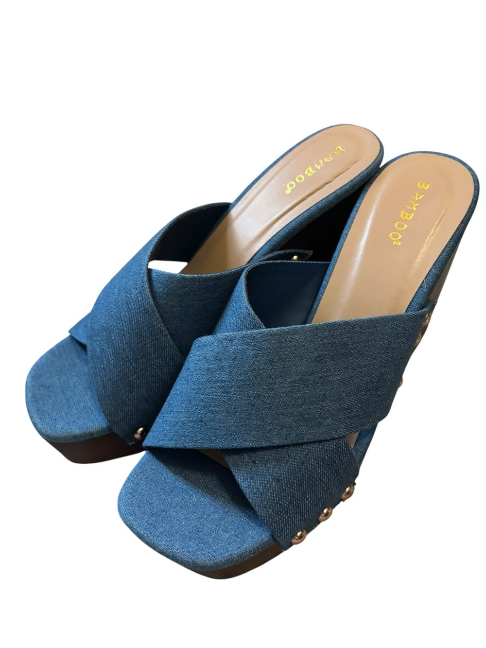 BAMBOO Denim Crisscross Open-Toe Platform Mules - Blue